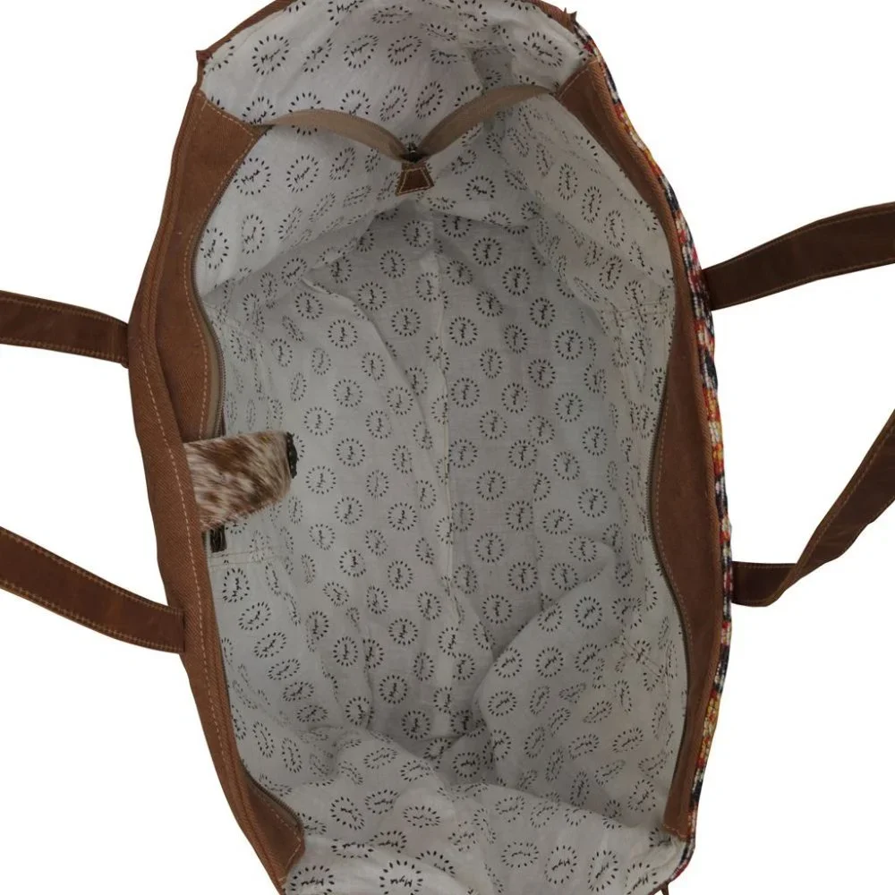Myra Bag Upcycled Geometric Canvas & Cowhide Leather Weekender Bag - Picture 6 of 8